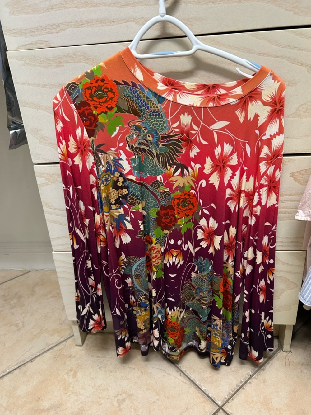 Johnny Was Red & Purple Floral Dragon Long-Sleeve Top